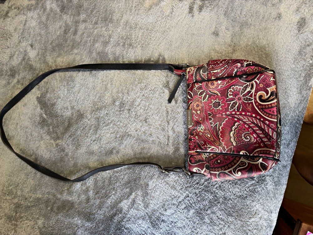 Liz Claiborne Women’s Small Burgundy Paisley Crossbody Zip, Adjustable Strap